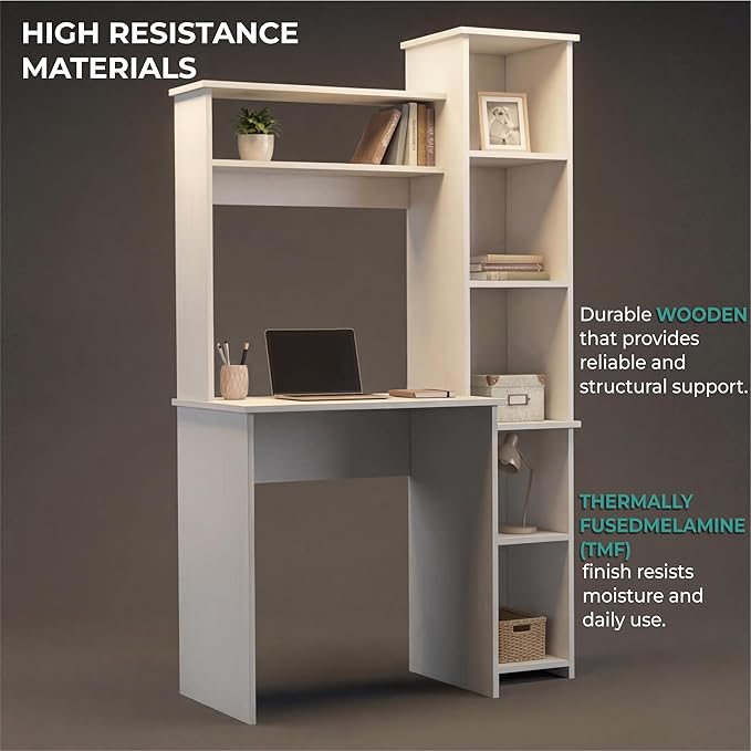 Tuhome Versalles Writing Desk with Two Superior Shelves Five Side Open Storage Compartments Space-Saving Modern Workstation Design for Studios and Offices Ideal for Organization Books