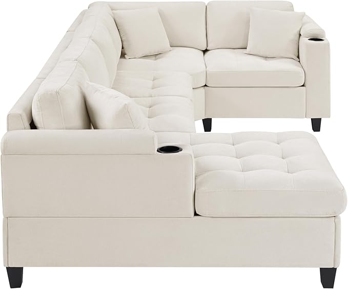 Modern U-Shaped Sectional Sofa 115.7 Corner Sectional Living Room Couch Oversized Sectional with Built-in Cup Holders Storage Space and USB Ports for Living Room (Beige-X22)