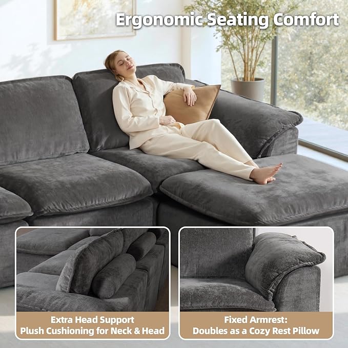 112 Cloud Couch Sectional with Padded Armrests &amp Moveable Ottoman Boneless Sectional Couches for Living Room Dark Grey Couch No Assembly Required
