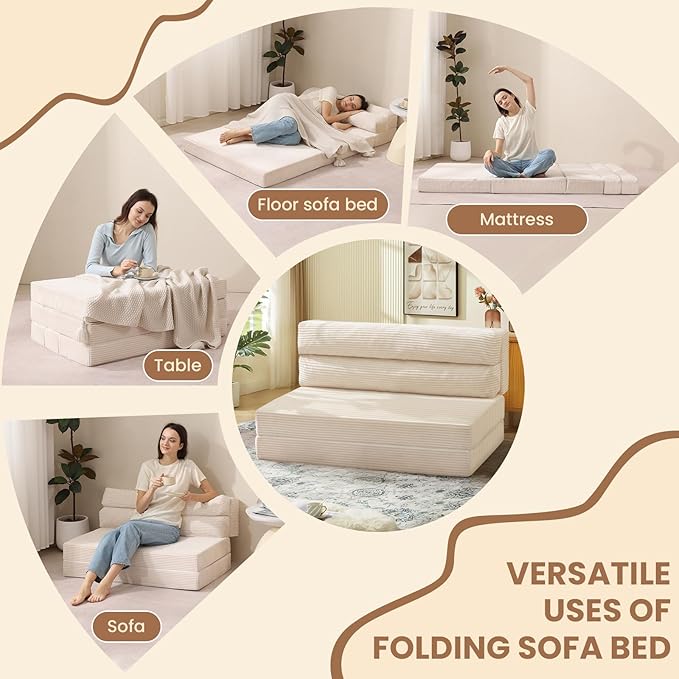 Folding Sofa Bed Convertible Sleeper Chair with Pilow Foldable Matress 2 in 1 Pull Out Loveseat Sofa Portable Fold Out Chair Bed Floor Couch Lounge for Living Room Bedroom (Beige Twin)