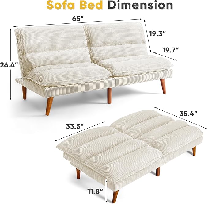 Flamaker Convertible Futon Sofa Bed Futon Couch with Adjustable Back Upholstered Sleeper Sofa Bed for Living Room Furniture (Corduroy White)