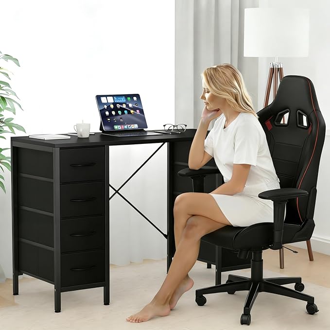 Sweetcrispy Computer Gaming Desk with 8 Storage Fabric Drawers 47 Inch Home Office Bedroom Desk with Sturdy X-Frame Modern Writing Study Work Table with Adjustable Feet Black