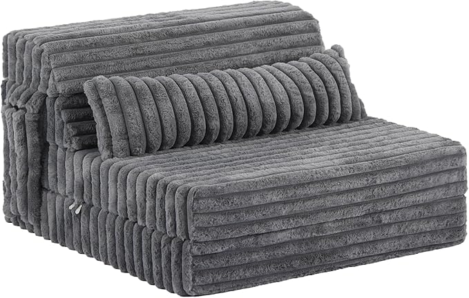 Tiita Folding Sofa Bed Twin Size Convertible Sleeper Chair Mattress with Pillow Thick Corduroy Floor Mattress Couch Bed with Side Pocket Guest Room Dorm Apartment Grey