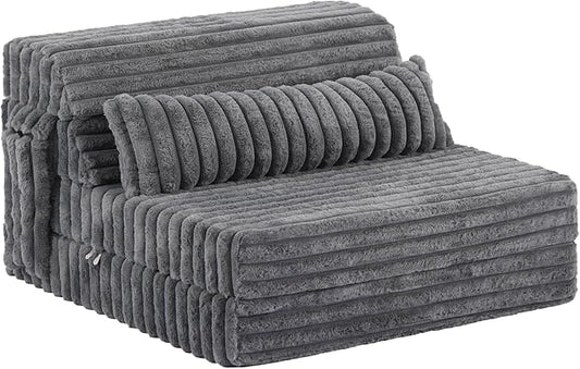 Tiita Folding Sofa Bed Twin Size Convertible Sleeper Chair Mattress with Pillow Thick Corduroy Floor Mattress Couch Bed with Side Pocket Guest Room Dorm Apartment Grey