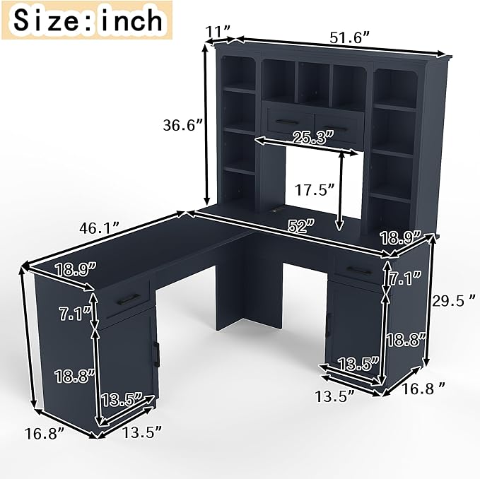 Polibi L-Shaped Computer Desk with Storage - 2-in-1 Design with 2 Drawers and 2 Cabinets 11 Open Shelves &amp Power Outlet for Home Office Study Room Antique Blue