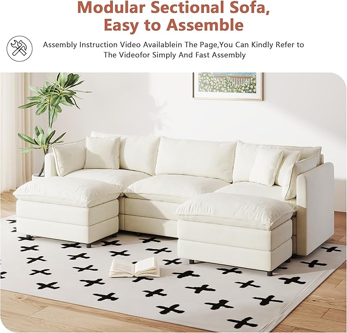 Setawix Deep 3 Seater Couch with Ottomans112.2 U-Shaped Cloud Couches for Living RoomChenille Cloud Sofa Couch with Deep SeatModular Sectional U Shape 3 Seat Sofa for Bedroom (Beige 3+2)