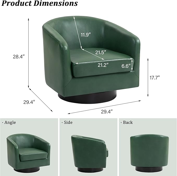 Swivel Barrel Accent Chair Modern Round Faux Leather Arm Chair for Living Room Bedroom Comfy Club Reading Chairs for Adults(Faux Leather Green Set of 2)