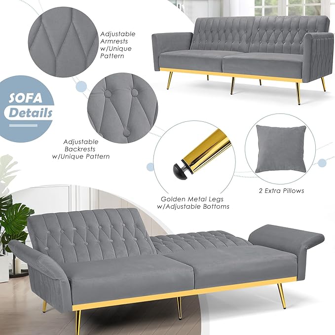 70 Velvet Futon with Adjustable Backrest and Armrests Sofa Bed with Extra Pillows for Waiting Room Living Room and Office Grey