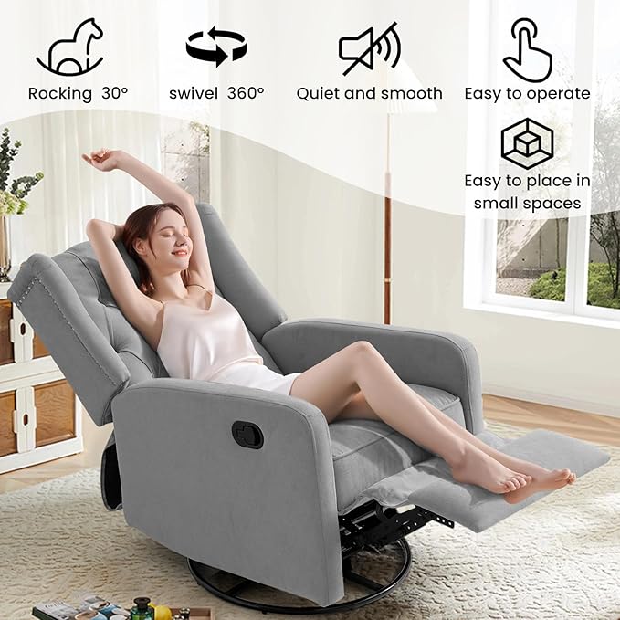 360 Swivel Rocker Recliner Chair for Adults Nursery Chair for Small Spaces Living Room Upholstered Fabric Glider Recliner Grey
