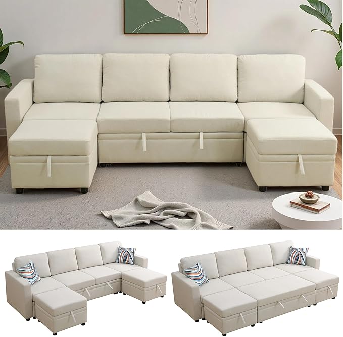 102 Inch Pull Out Couch Convertible Sofa Bed for Living Room Comfortable Sleeper Sofa with Pull Out Bed Modern Sectional Couches with Ottoman Storage Easy Assembly for Apartment Off-White