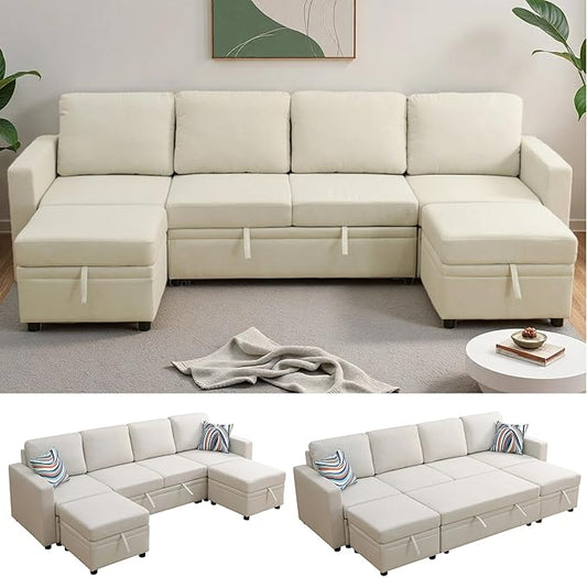 102 Inch Pull Out Couch Convertible Sofa Bed for Living Room Comfortable Sleeper Sofa with Pull Out Bed Modern Sectional Couches with Ottoman Storage Easy Assembly for Apartment Off-White