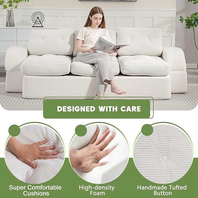 from Couch to Cloud: 3-Seater Boneless Sofa Bed for Small Spaces Cozy Tufted Corduroy Sleeper for Modern Adults No Assembly Needed Ships Compressed