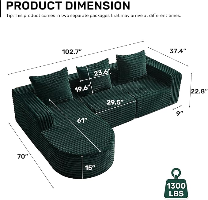 Boneless Cloud Couch Modular Sectional Sofa L-Shape with Chaise 102 Soft Faux Fur Deep Seat &amp 3 Pillows &amp 2 Side Pockets for Living Room Bedroom (Green Left Chaise)
