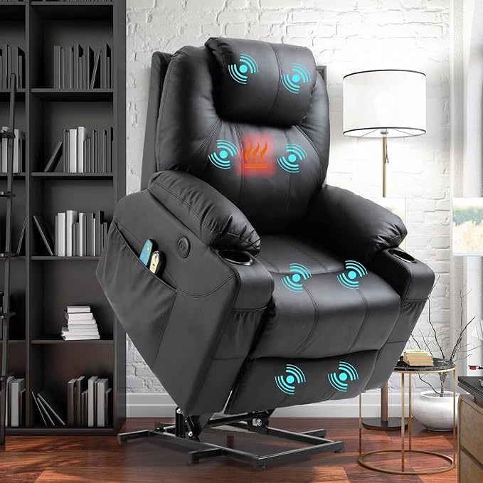Electric Power Lift Recliner Chair with Heat and Massage Lift Recliner for Elderly Single Sofa recliners for Living Room with Cup Holders 4 Pockets USB Ports Faux Leather (Black)