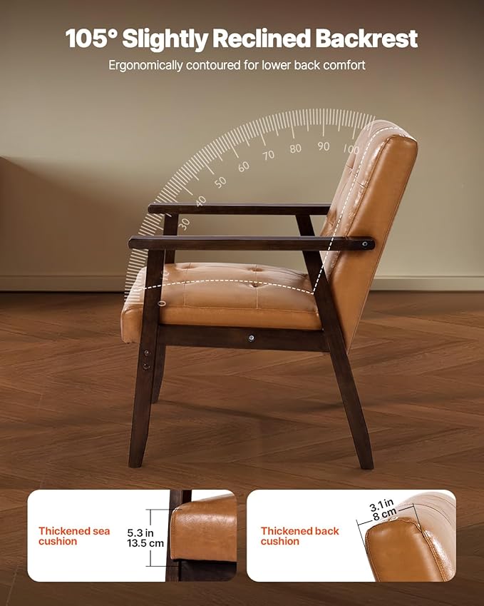 VEVOR Accent Chair Mid Century Modern Armchair with Solid Wood Frame and Non-Slip Legs Upholstered Leisure Chair with PU Leather and Soft Cushion for Living Room Bedroom Office