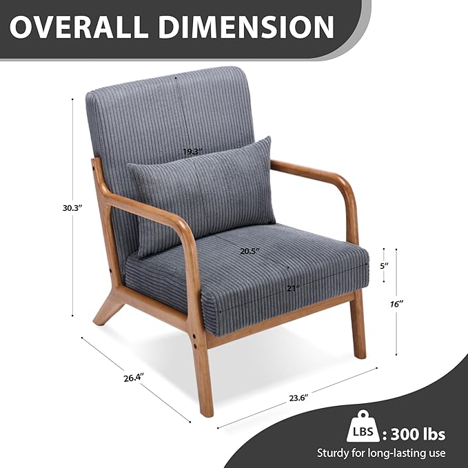 Mid-Century Modern Accent Chair Arm Chair Living Room Chairs with Pillow Upholstered Reading Chair with Solid Wood Frame &amp Corduroy Fabrics for Living Room Bedroom Balcony (Corduroy Dark Grey)
