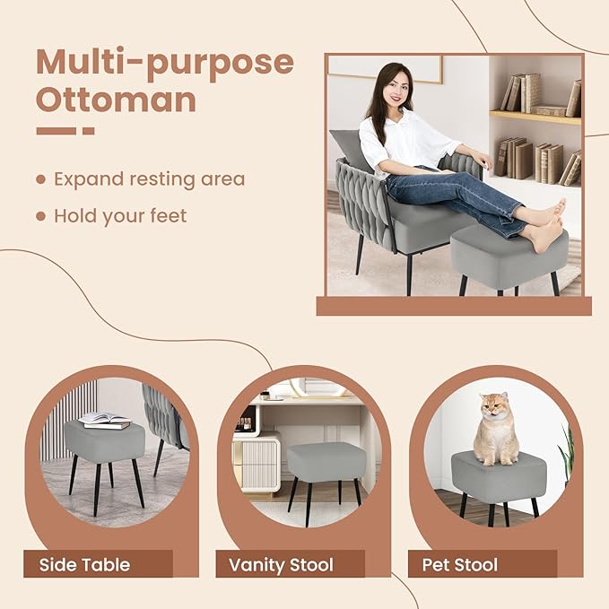 Giantex Velvet Accent Chair with Ottoman Modern Comfy Arm Chair w/Solid Metal Frame Pillow Max Load 330 Lbs Upholstered Single Sofa Chair w/Footrest Reading Chair for Bedroom Living Room Grey
