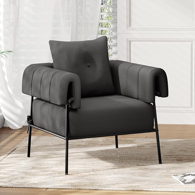 Furniliving Comfy Accent Chairs Modern Chairs for Bedroom with Pillow Lounge Chair Reading Chair with Metal Frame Upholstered Accent Chairs for Living Room Side Chair Soft Cushion Corduroy Grey