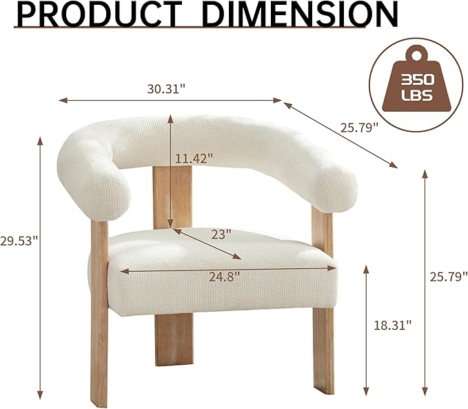 VKNOW Accent Chairs Set of 2 Modern Upholstered Living Room Chair Armchair with Solid Wood Legs Comfy Barrel Arm Chairs for Living Room Bedroom Cream