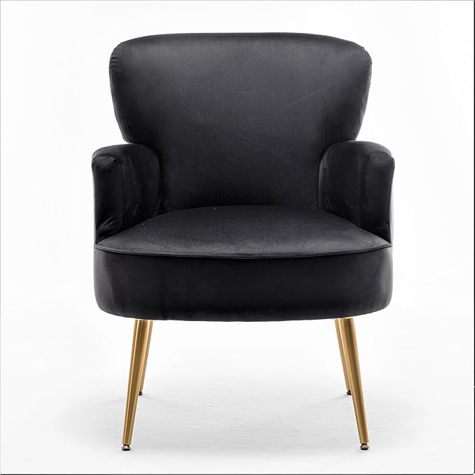 Trendy Velvet Accent Chair with Gold Metal Legs Upholstered Armchair for Small to Mid-Size Spaces Modern Living Room Bedroom Vanity Desk and Entryway Black