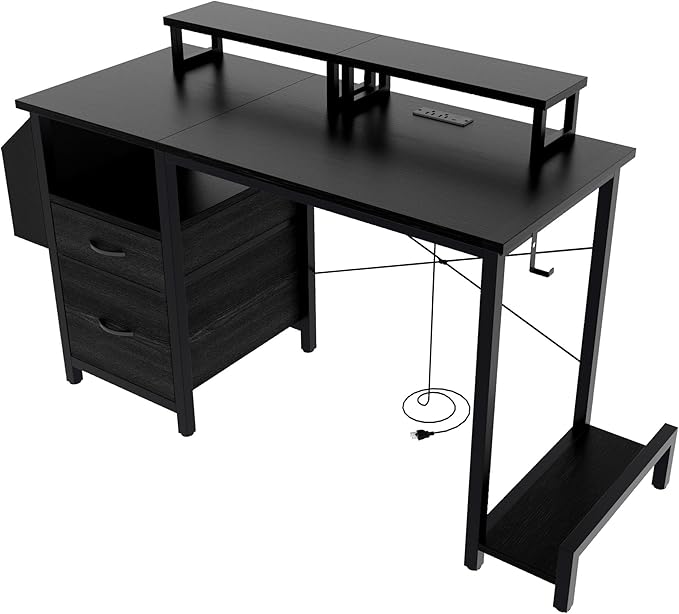 Home Office Desk with Side Pocket and Drawers Modern Computer Desk for Small Space Bedroom 47 Inch Gaming Desk with Power Outlet &amp 2 Movable Monitor Shelves (Black)