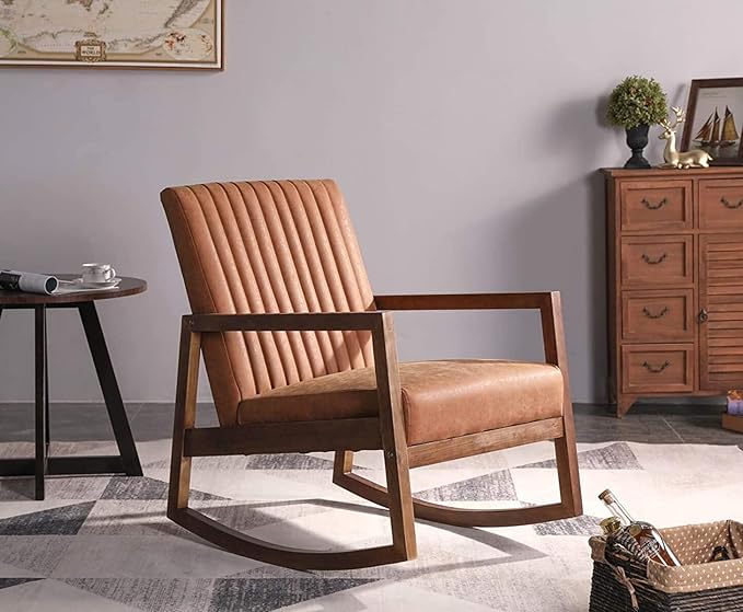 Faux Leather Rocking Chairs Set of 2 Mid Century Modern Recliner Accent Chair Comfy Lounge Arm Chair for Nursery Bedroom Living Room Retro Brown PU