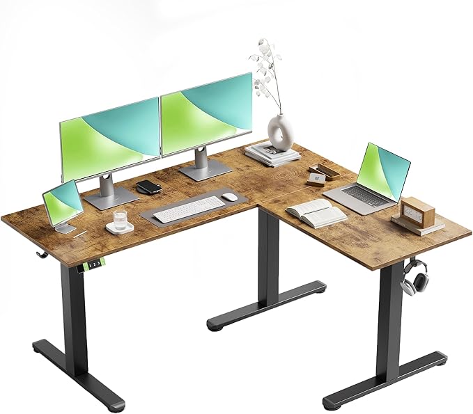 Claiks L Shaped Height Adjustable Electric Standing Desk with Dual Motors and Headphone Hook 59 Corner Sit Stand Desk with Memory Presets for Home Office &amp Gaming Rustic Brown