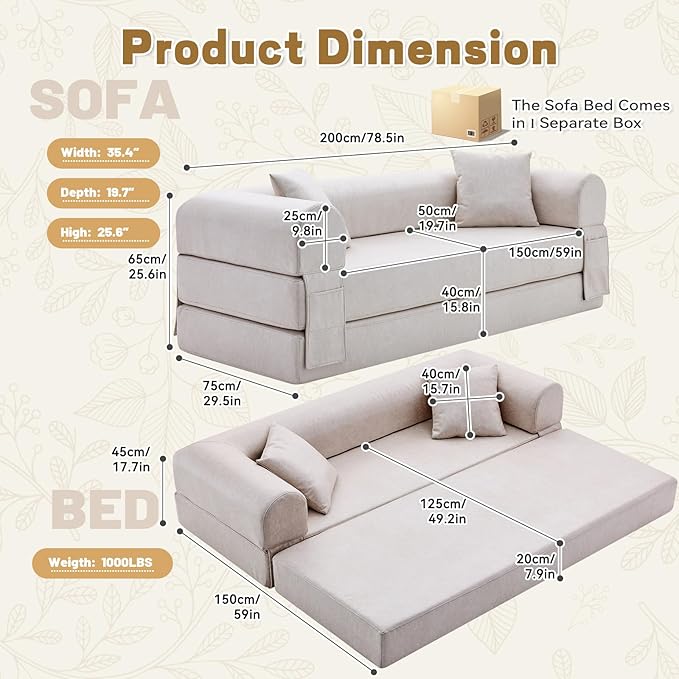 Convertible Sleeper Sofa Bed78.5 Inch Faux Leather Futon Couch with Pillows &amp Storage Pocket5-in-1 Folding Sofa Bed Queen with Pull Out BedsBoneless Couches for Living RoomCouch in a BoxBeige