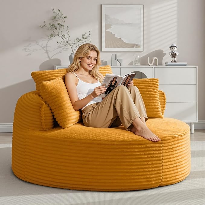 Oversized Round Lounge Chair Indoor Corduroy Upholstered Deep Seat Cloud Circle Sofa Chair Fluffy Boneless Sleeper Chair for Reading &amp Lounging No Assembly Required (Yellow)