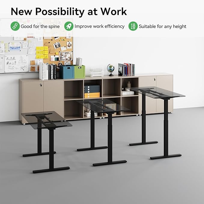 Dual Motor Electric Standing Desk FrameAdjustable height and lengthThe maximum size it can accommodate is 63*28 inches for the tabletop3 Preset HeightsRated for 264 pounds of weight.Black