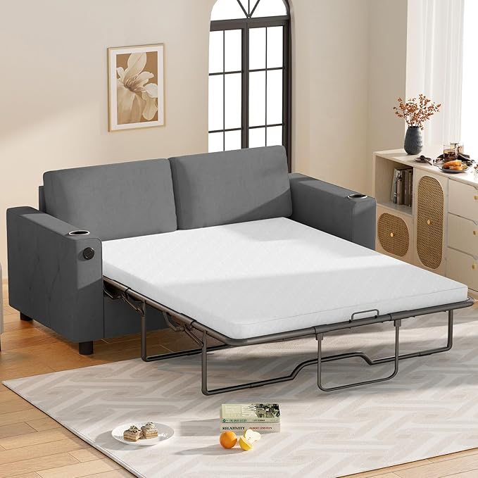 80'' Pull Out Sofa Bed 2 in 1 Sleeper Sofa with Cup Holder &amp USB Charging Ports Queen Size Guest Bed with Memory Foam Mattress Convertible Couch for Small Spaces - Dark Grey