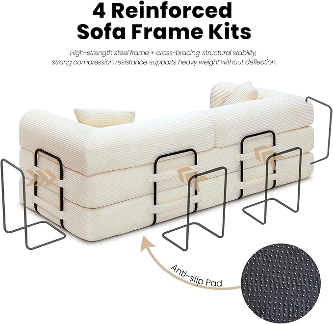 2026 Upgrade Convertible Sofa Bed 79 Inch Boneless Couch with Fixed-Shape Frame Corduroy Fabric with High Backrest Floor Sofa Modular Futon Couch for Living Room Bedroom Lounge (White) | High Backr