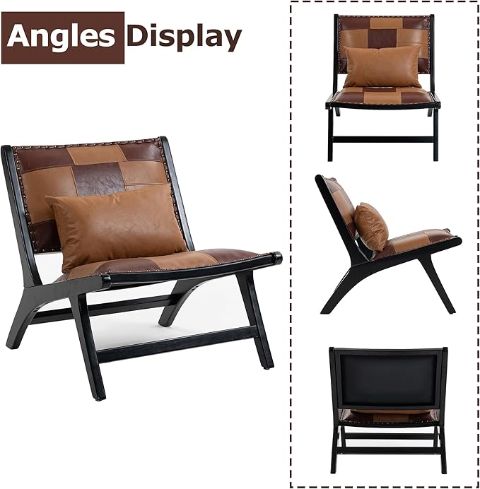 Accent Chair Modern Comfy Genuine Leather Armless Mid-Century Anthropologie Accent Chairs Lounge Arm Chair with Solid Wood Floral Pattern Sofa Chair for Living Room/Office/Balcony/Bedroom