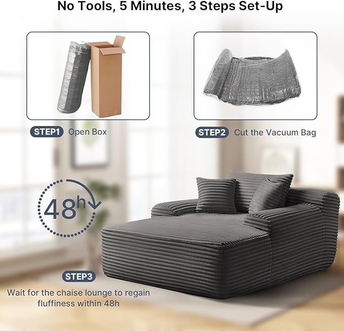 65'' Chaise Lounge Chair Indoor Grey Plush Corduroy Cloud Couch Fluffy Oversized Sofa Bed for Bedroom Living Room Comfy Boneless Reading Longue Chair Sleeper Sofa No Assembly