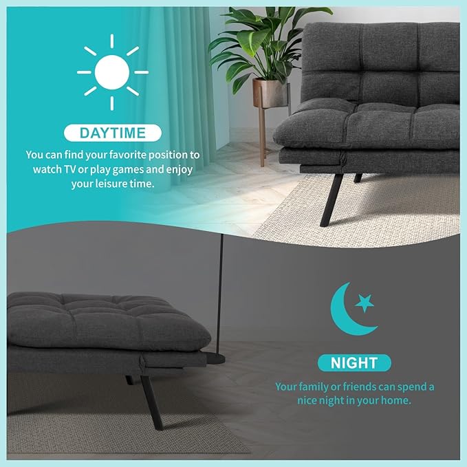 MUUEGM 71 Futon Sofa Bed with Memory FoamFuton Couch with Adjust Backrest and Armrest Couches Bed for Living RoomStudios Apartments Dormitories Offices and Game Rooms. Dark Gray Sofa Bed