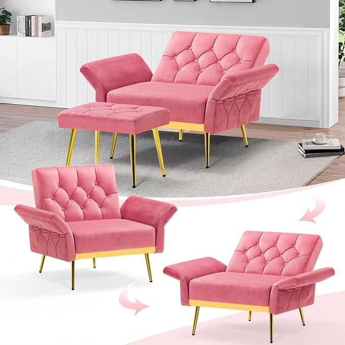 Velvet Accent Chair w/Adjustable Armrests and Backrests Tufted Single Sofa with Ottoman Upholstered Reading Chiar for Living Room Apartment Bedroom Pink