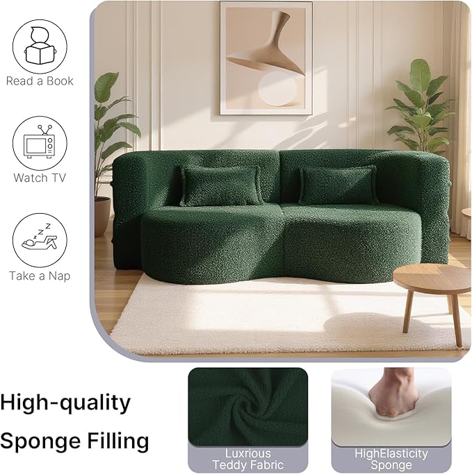 78 Inch Couch Queen Sleeper Loveseat Cloud Sofa Bed Convertible Folding Teddy Full Size Boneless Sofabed for Living Room Guestroom Lazy Lounge Floor Fold Out Sofa Bed No Assembly (Green)
