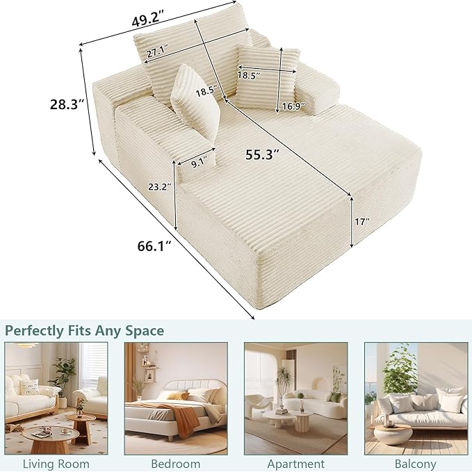 50 Oversized Chaise Lounge Chair IndoorCorduroy Boneless Reading Chair with 3 PillowsDeep Seat Cloud Sofa BedComfy Modern Sleeper Chairs in Box for Living Room BedroomNo Assembly(White)