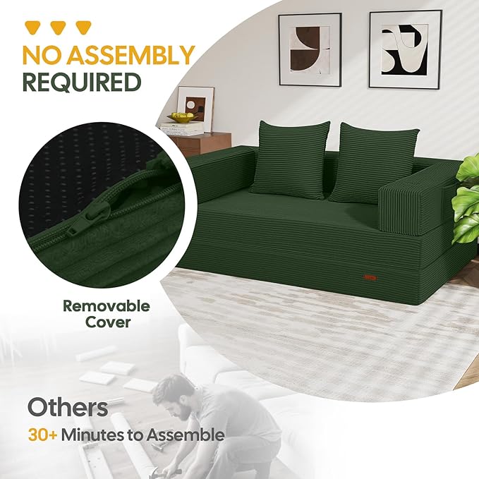 COMAX Futon Sofa Bed 4‑in‑1 Convertible Sofa Bed Folding Boneless Couches for Living Room Fold Out Small Foldable Loveseat Floor Sleeper Comfy Mattress Lounge Space‑Saving Green