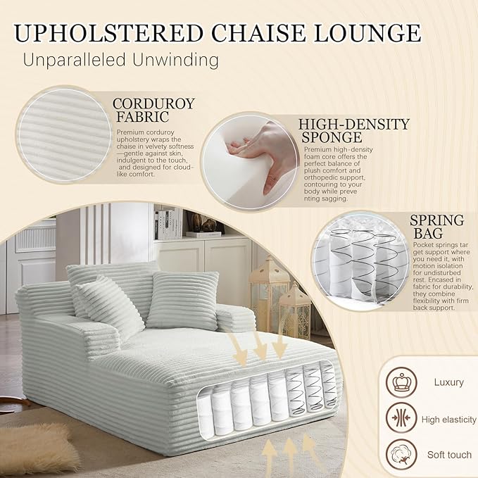 67 Inch Oversized Chaise Lounge Chair IndoorBoneless Corduroy Sofa Bed with Spring CushionDeep Seat Cloud Couch and Reading LoungerSoft Sleeper Sofa for Living RoomNo Assembly RequiredLight Grey