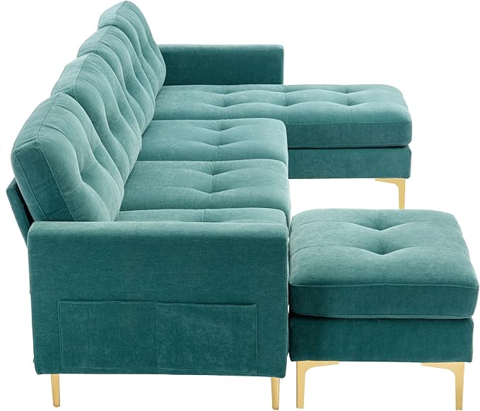 kevinplus 111 Velvet Sectional Sofa Couch for Living Room Modern Contemporary L-Shaped 4-Seat Tufted Sofa Couch with Chaise Lounge &amp Ottoman for Apartment Office Strong Metal Leg Green
