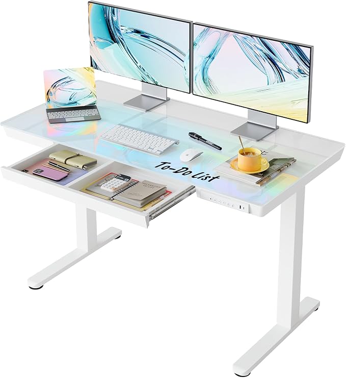 HUANUO Glass Standing Desk with Drawers 48 x 24 Inch Electric Adjustable Height Desk Quick Install One-Piece Tabletop with USB Charging Ports White