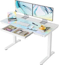 HUANUO Glass Standing Desk with Drawers 48 x 24 Inch Electric Adjustable Height Desk Quick Install One-Piece Tabletop with USB Charging Ports White