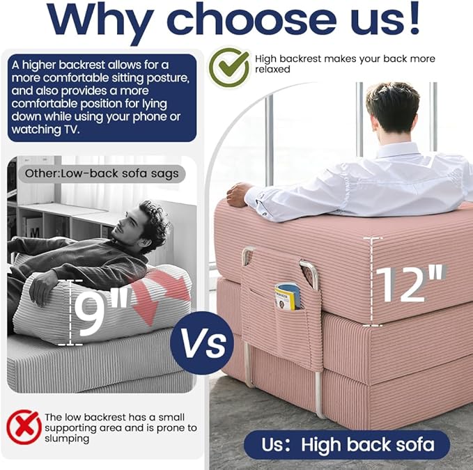 Folding Sofa Bed Convertable Corduroy Couch King Size Floor Sleeper 4-in-1 DIY Combination Modular Sofa Fold Out Futon Lounge Comfy Foldable Lazy cama for Living Room (Pink 80.15)