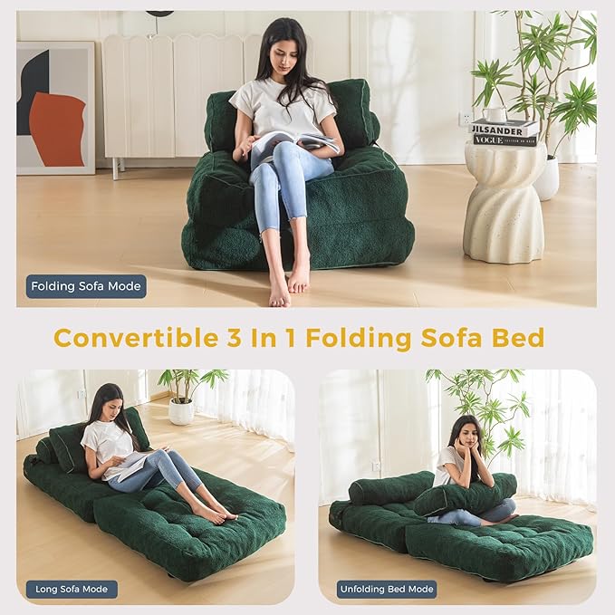 MAXYOYO Folding Sofa Bed Convertible Sleeper Chair with Pillow Portable Fold Out Sofa Couch Boucle Fabric Comfy Foldable Mattress with Back Support for Living Room Apartment
