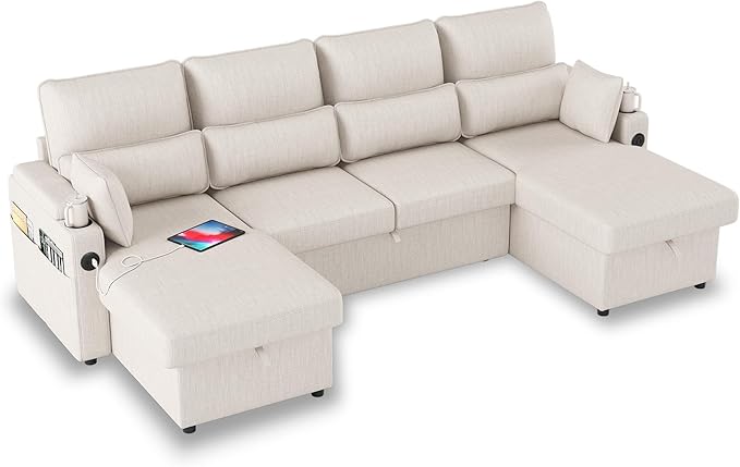 Sectional Sleeper Sofa with Pull Out Couch Bed with Storage Chaise for Living Room Comfy Linen Modular Sectional Sofa with Dual USB &amp Type-C Cup Holders (Beige 105 Inches)
