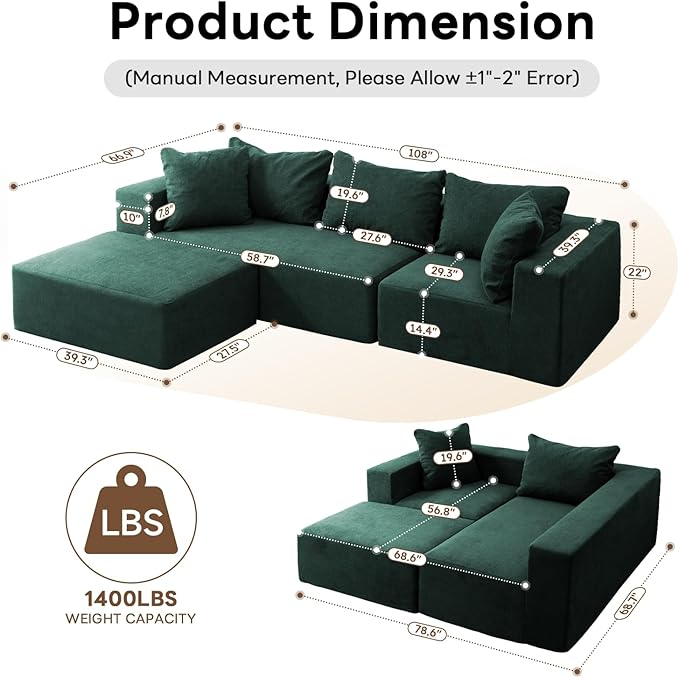 Vamcheer Modular Sectional Sofa - Modern L Shaped Boneless Couch with Deep Seat Upholstered Sectional Couches for Living Room Bedroom Office No Assembly Required Green