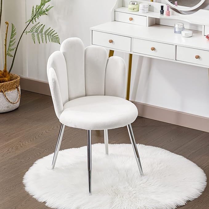Vanity Chair for Makeup Room - Midcentury Modern Accent Chair for Living Room Bedroom Velvet Chair with Back Support and Metal Legs (White)