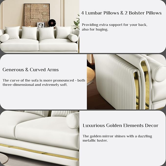 86.7 Luxury Velvet Sofa Chesterfield Tufted Couch Vintage White and Gold Couch Mid Century Victorian Couches for Living Room 3 Seater with 4 Pillows &amp 2 Bolster Pillows Beige White