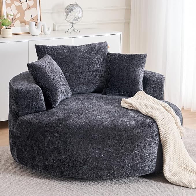 KEIKI Oversized 360 Degree Swivel Chair Large Barrel Chairs Upholstered Round Swivel Chair Chenille Single Sofa Armchair Sleeper Chair for Living Room Lounge Black